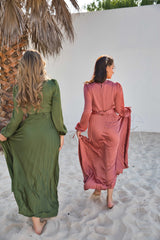 V-Neck Design Satin Pleated Dress