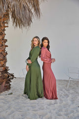 V-Neck Design Satin Pleated Dress