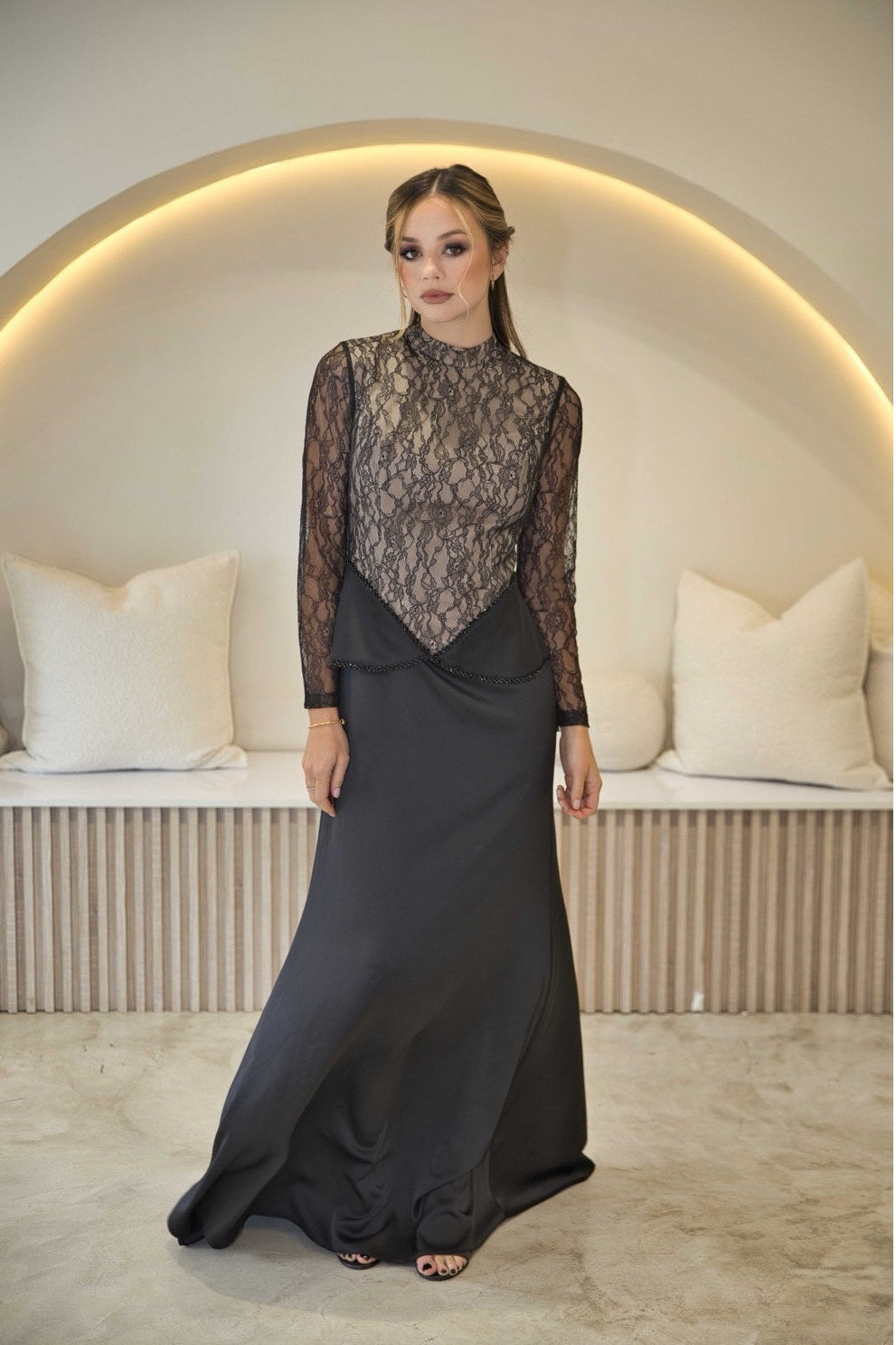 Luxury Black and Champagne Lace Maxi Dress with beaded detail.
