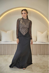 Luxury Black and Champagne Lace Maxi Dress with beaded detail.