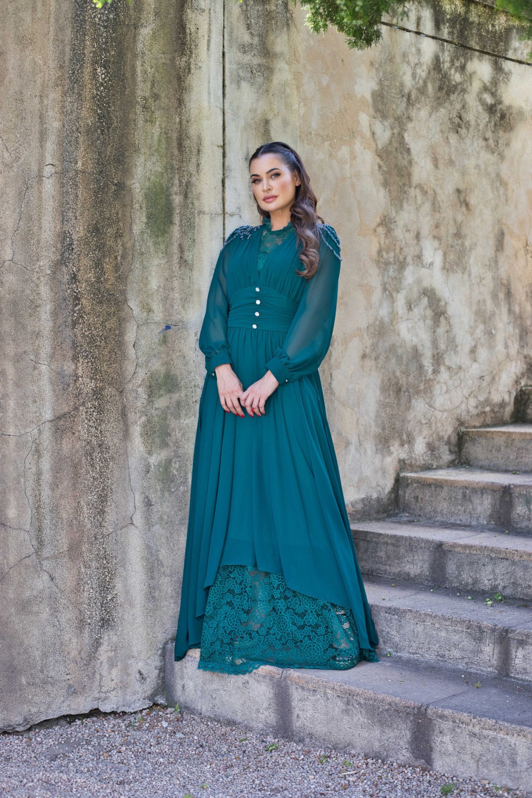Exclusive Elegant Emerald Green Dress with Jeweled Buttons and French lace.