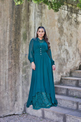 Exclusive Elegant Emerald Green Dress with Jeweled Buttons and French lace.
