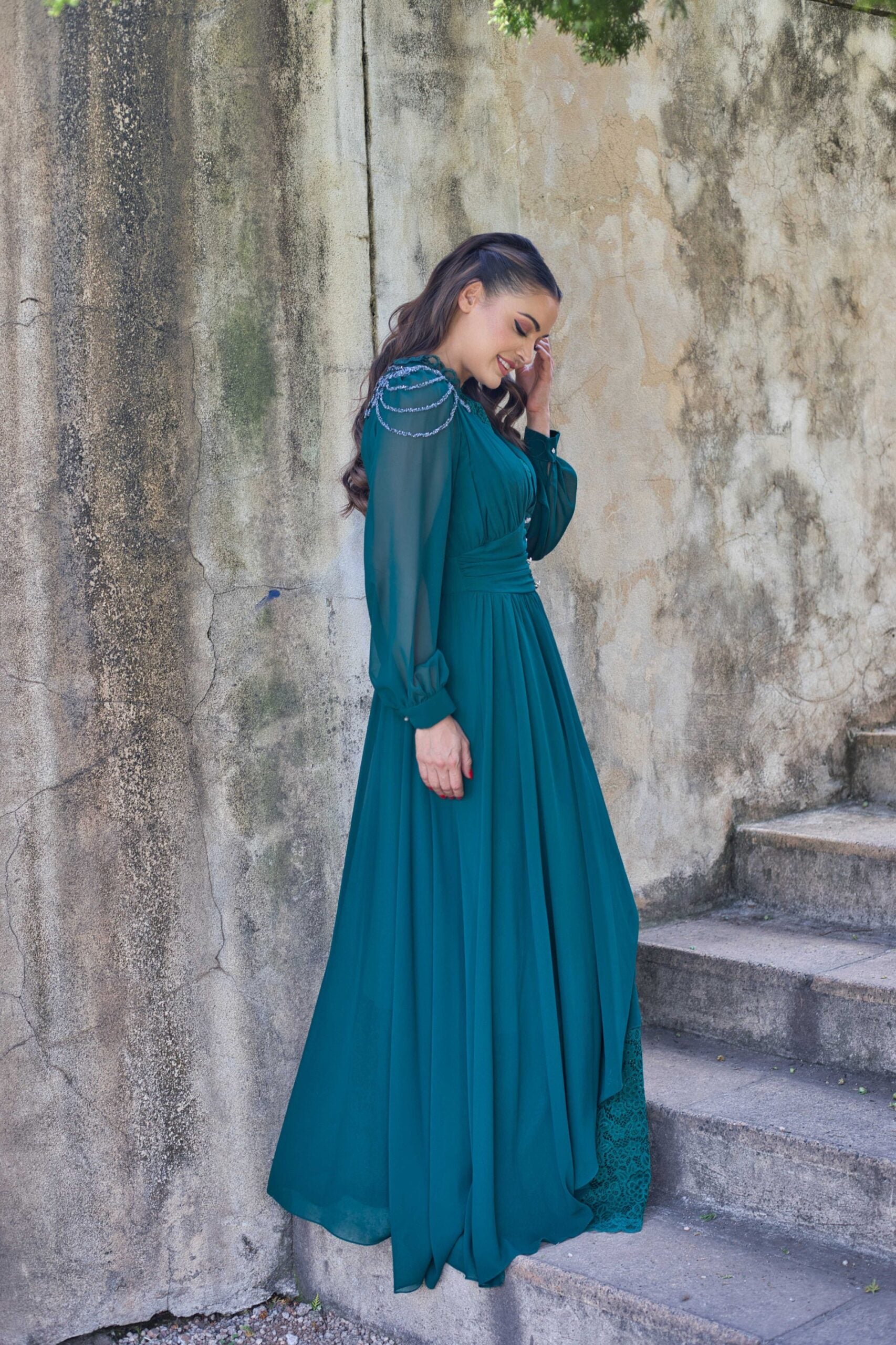 Exclusive Elegant Emerald Green Dress with Jeweled Buttons and French lace.
