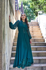 Exclusive Elegant Emerald Green Dress with Jeweled Buttons and French lace.