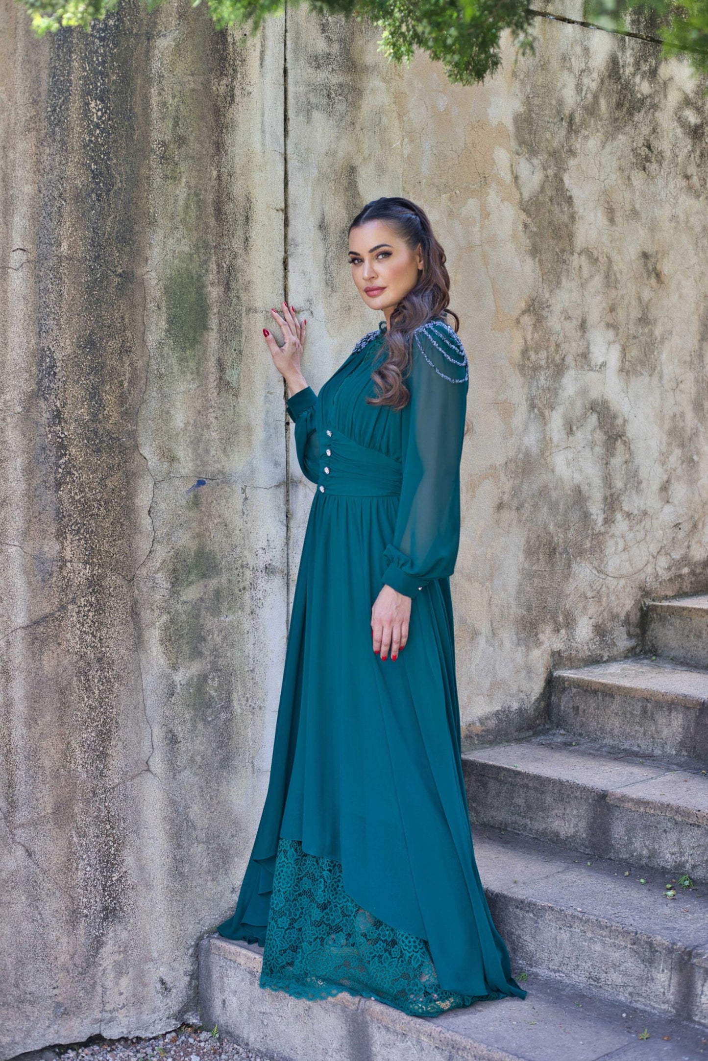 Exclusive Elegant Emerald Green Dress with Jeweled Buttons and French lace.