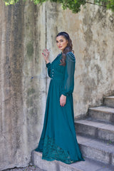 Exclusive Elegant Emerald Green Dress with Jeweled Buttons and French lace.