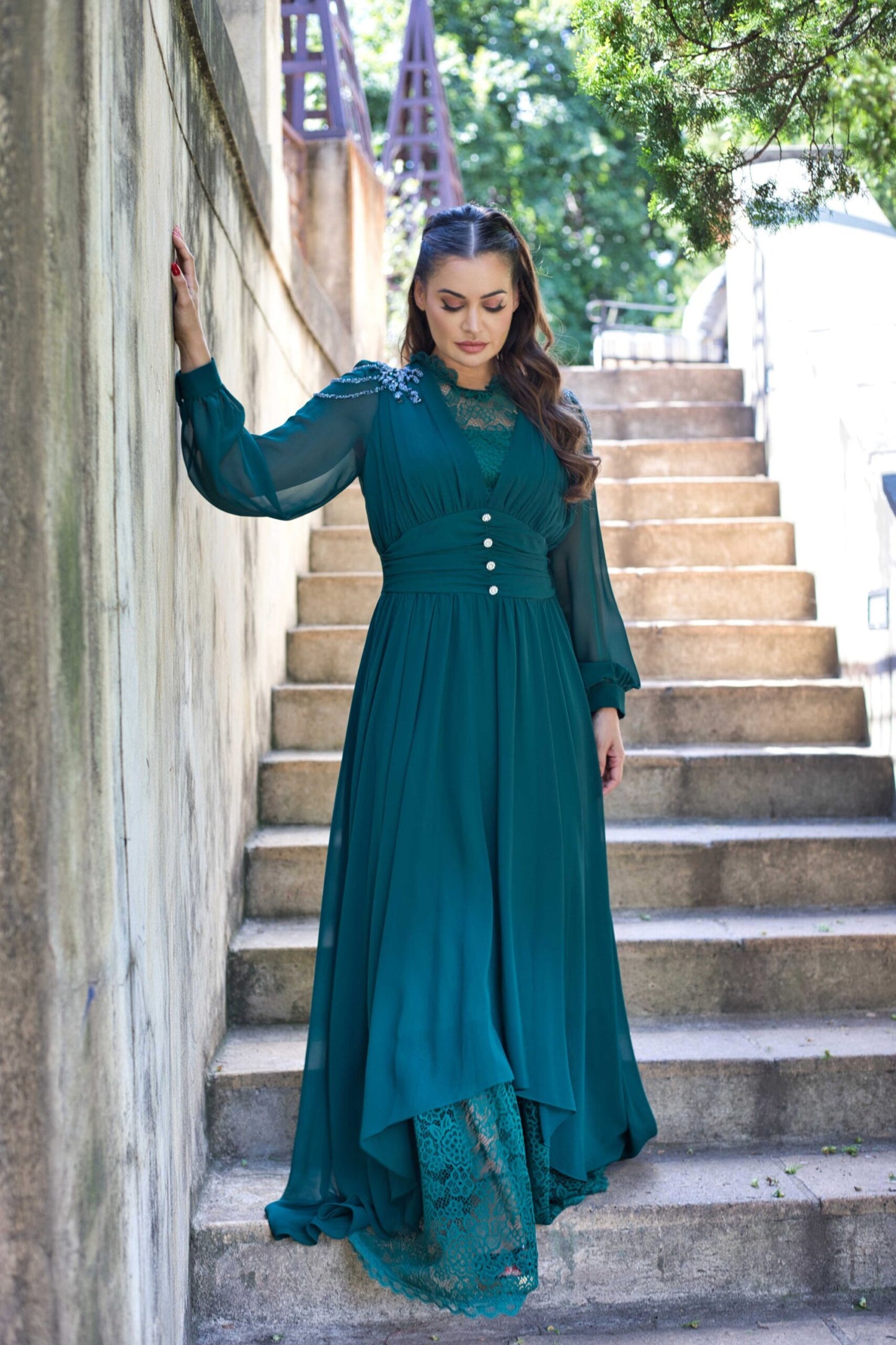 Exclusive Elegant Emerald Green Dress with Jeweled Buttons and French lace.