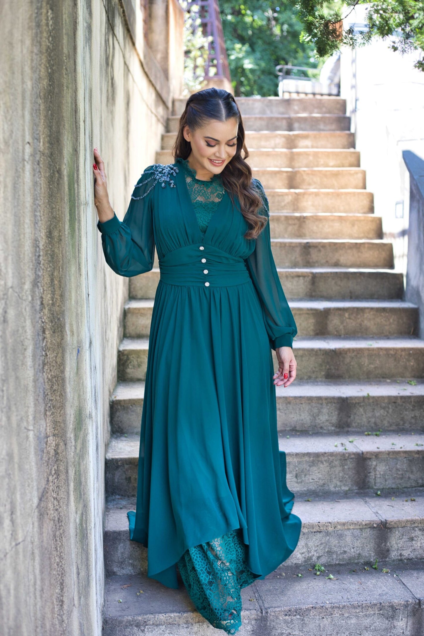 Exclusive Elegant Emerald Green Dress with Jeweled Buttons and French lace.