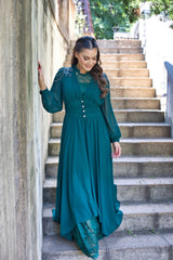 Exclusive Elegant Emerald Green Dress with Jeweled Buttons and French lace.