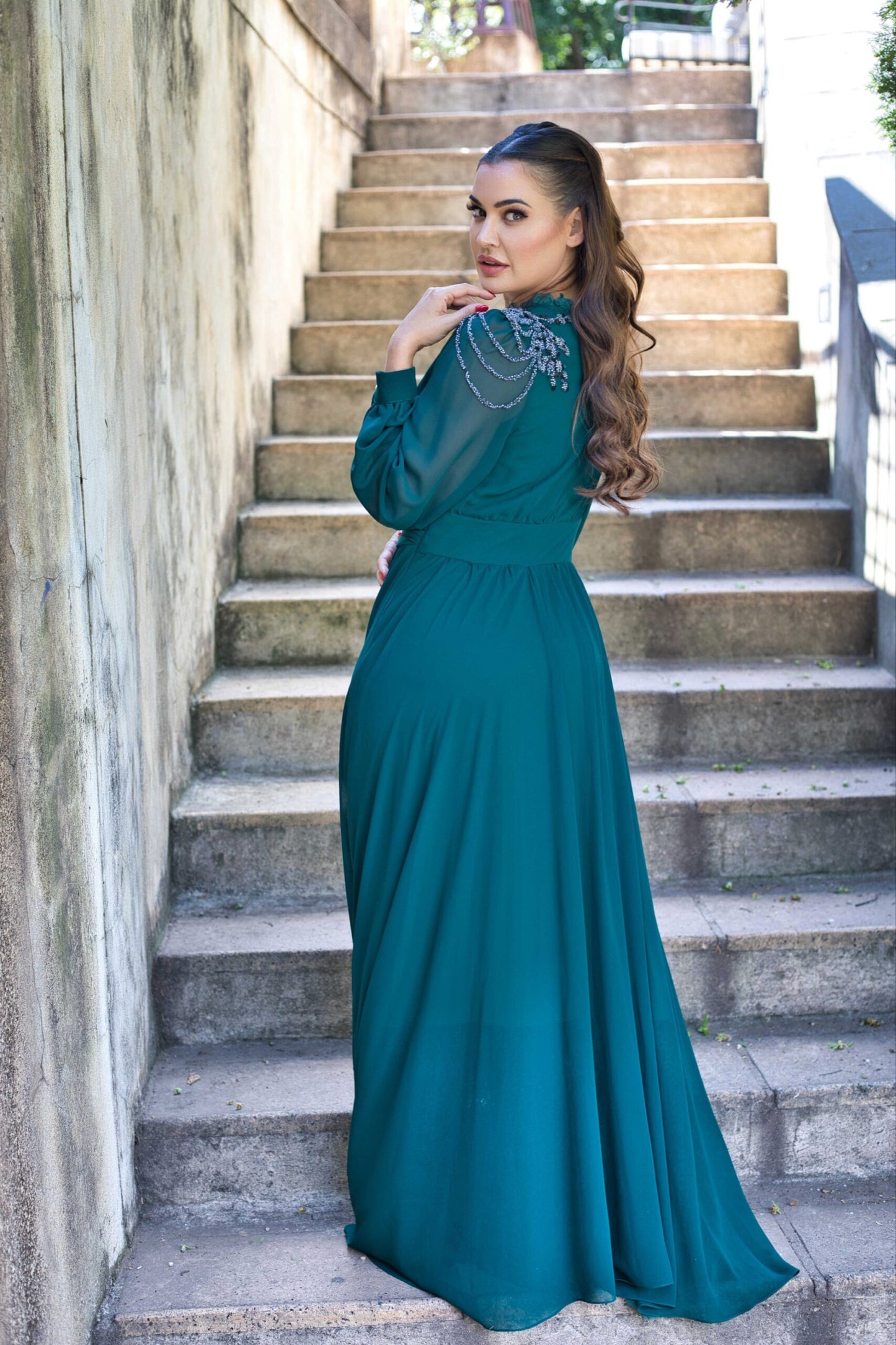 Exclusive Elegant Emerald Green Dress with Jeweled Buttons and French lace.