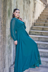 Exclusive Elegant Emerald Green Dress with Jeweled Buttons and French lace.