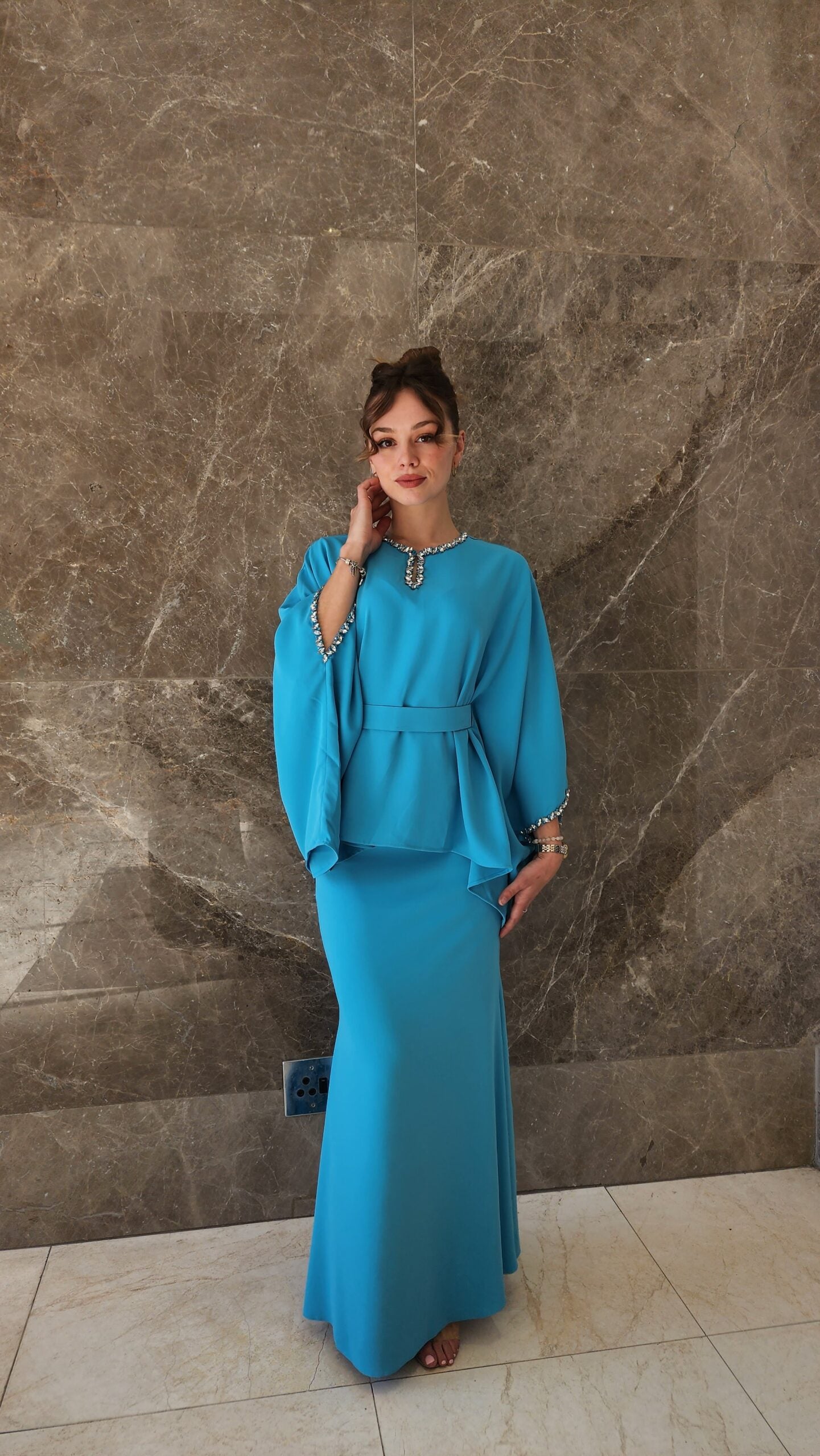 Exclusive Turqoise Two Piece Set with jeweled collar and belt.