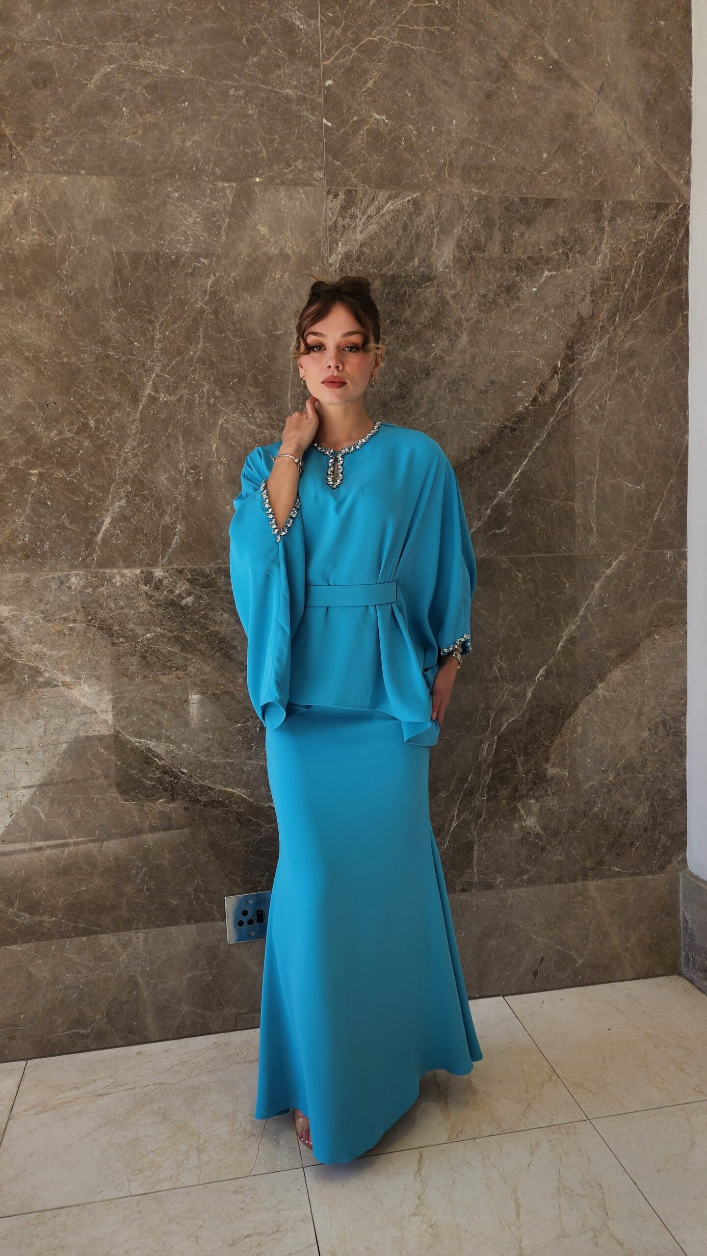 Exclusive Turqoise Two Piece Set with jeweled collar and belt.