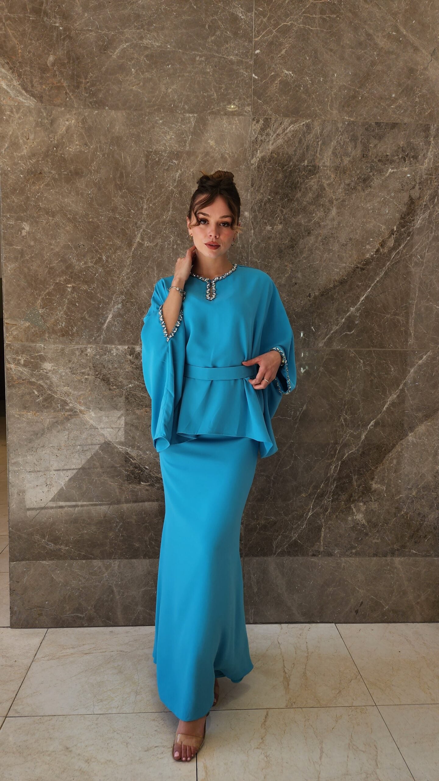 Exclusive Turqoise Two Piece Set with jeweled collar and belt.