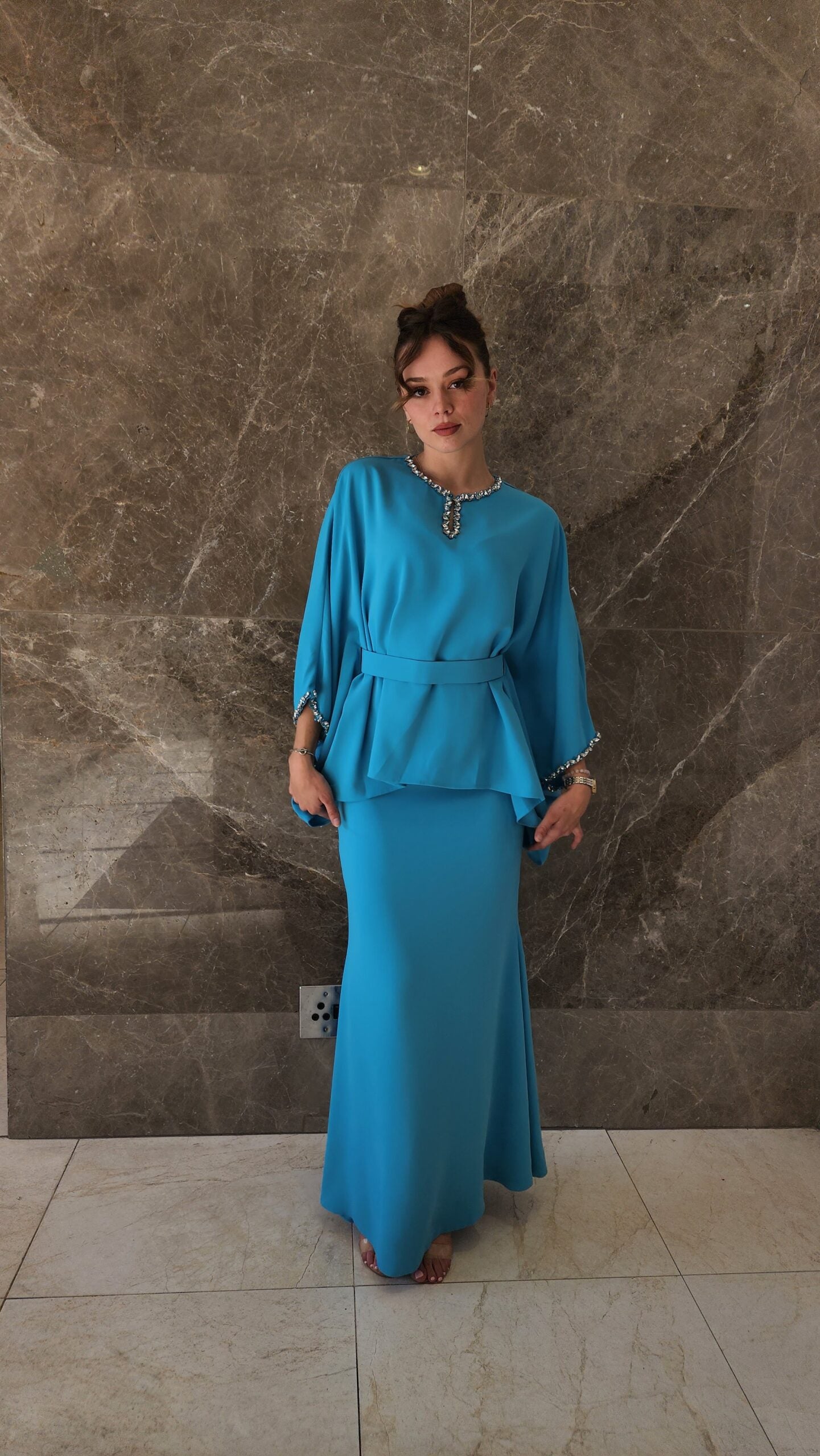 Exclusive Turqoise Two Piece Set with jeweled collar and belt.