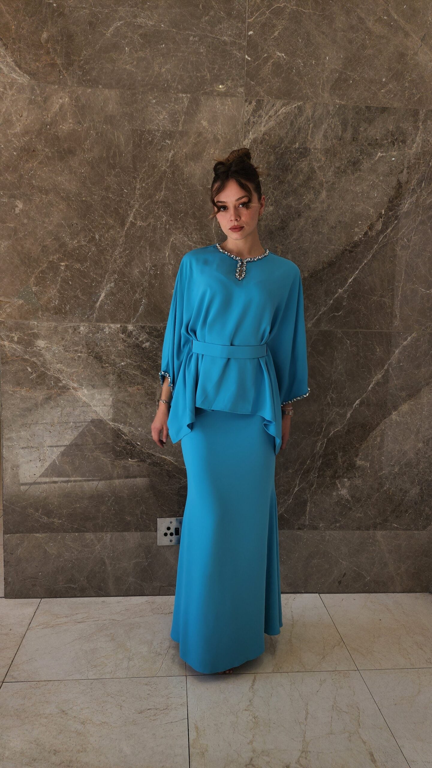 Exclusive Turqoise Two Piece Set with jeweled collar and belt.