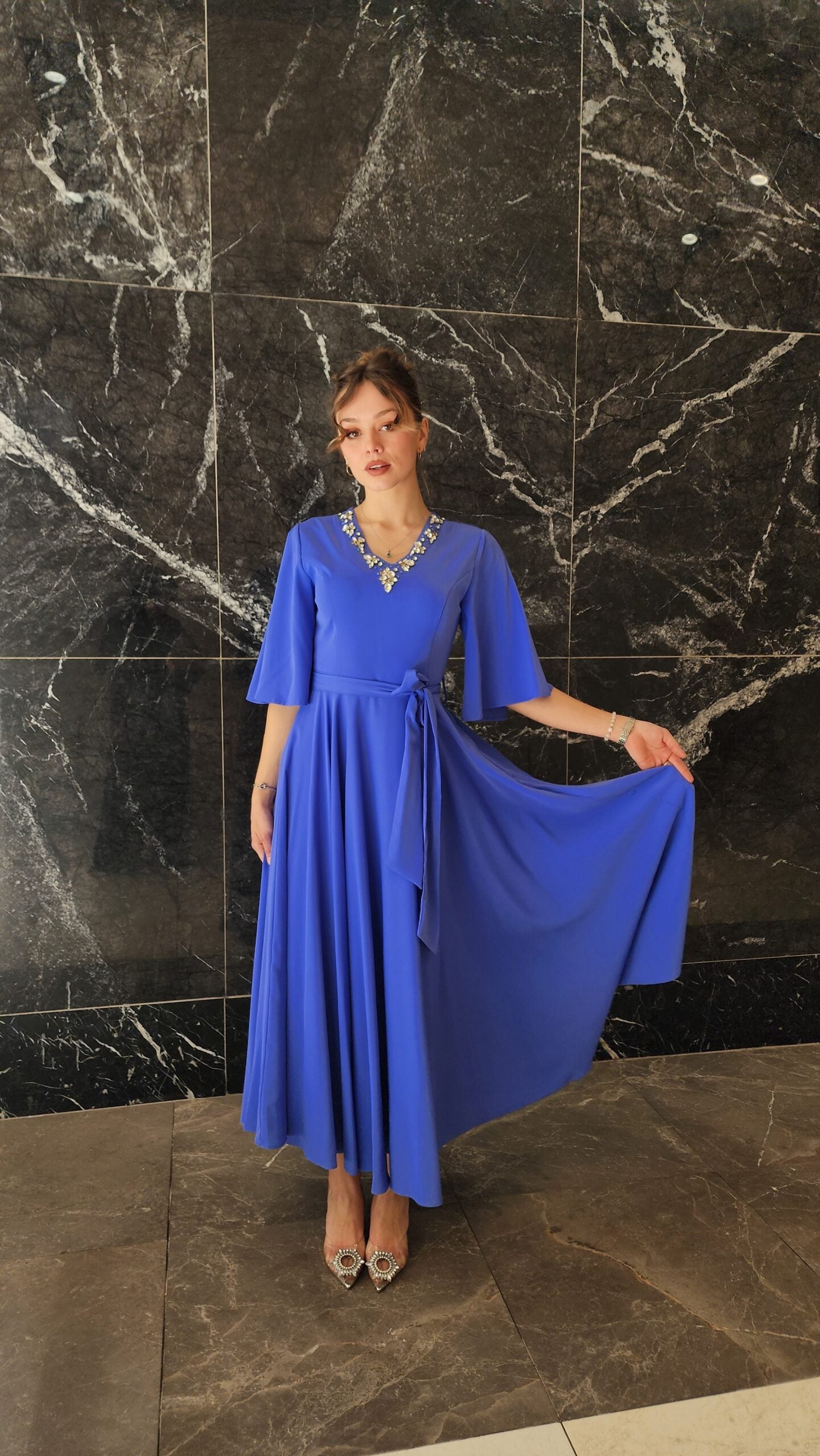 Exclusive Powder Blue Dress with Jeweled Neckline.