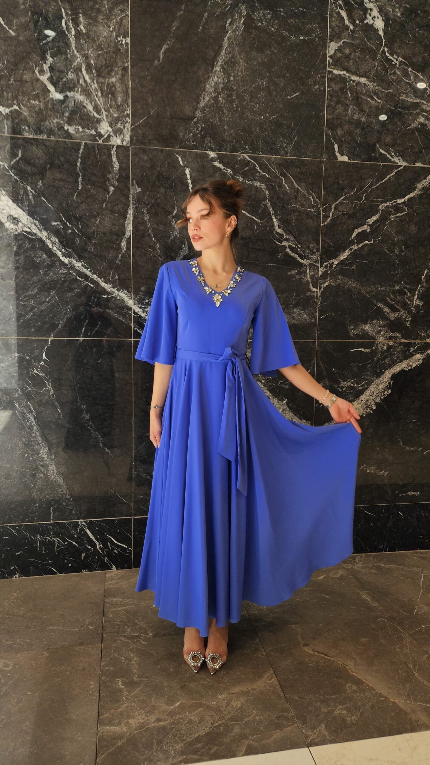 Exclusive Powder Blue Dress with Jeweled Neckline.