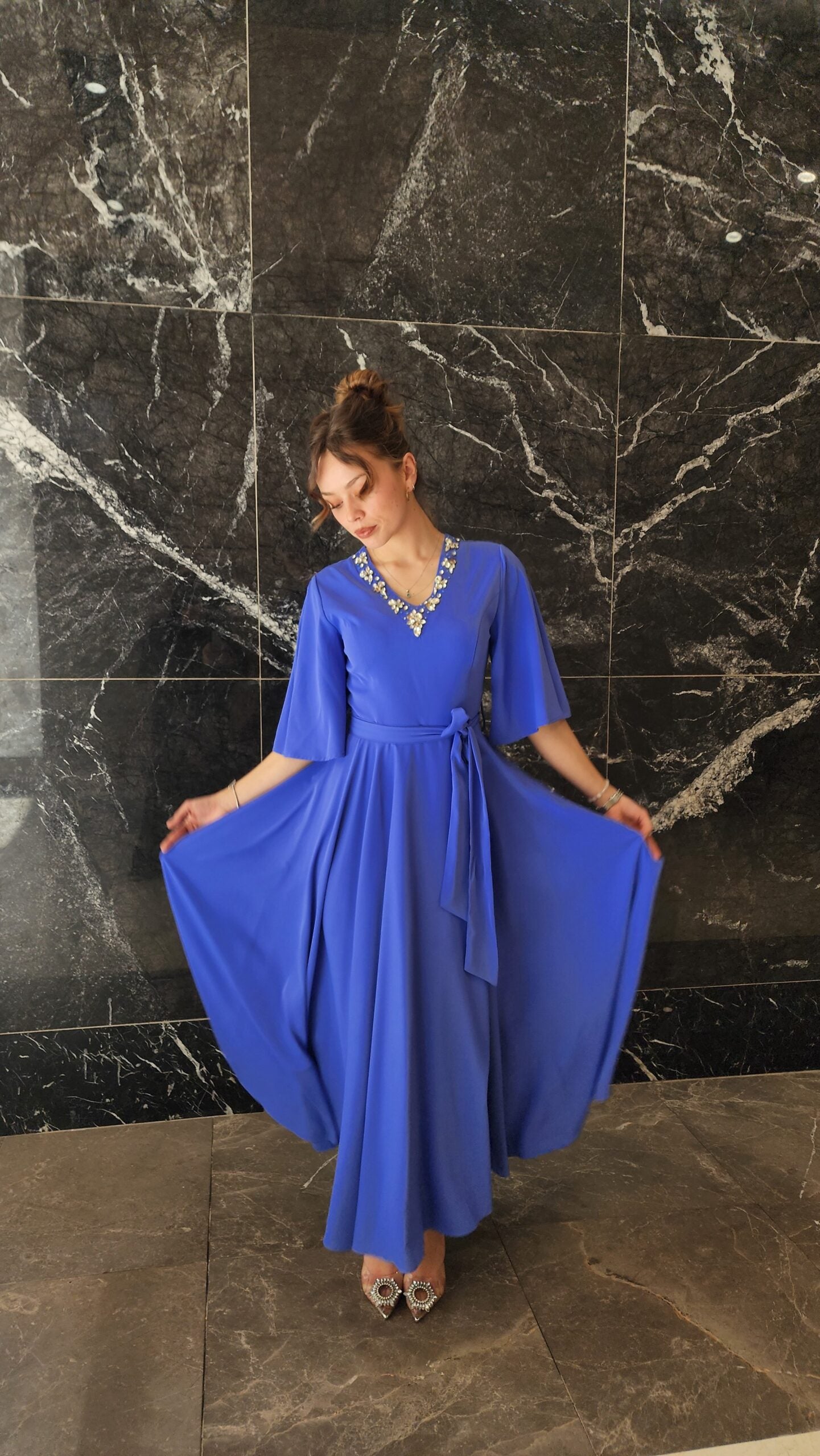 Exclusive Powder Blue Dress with Jeweled Neckline.