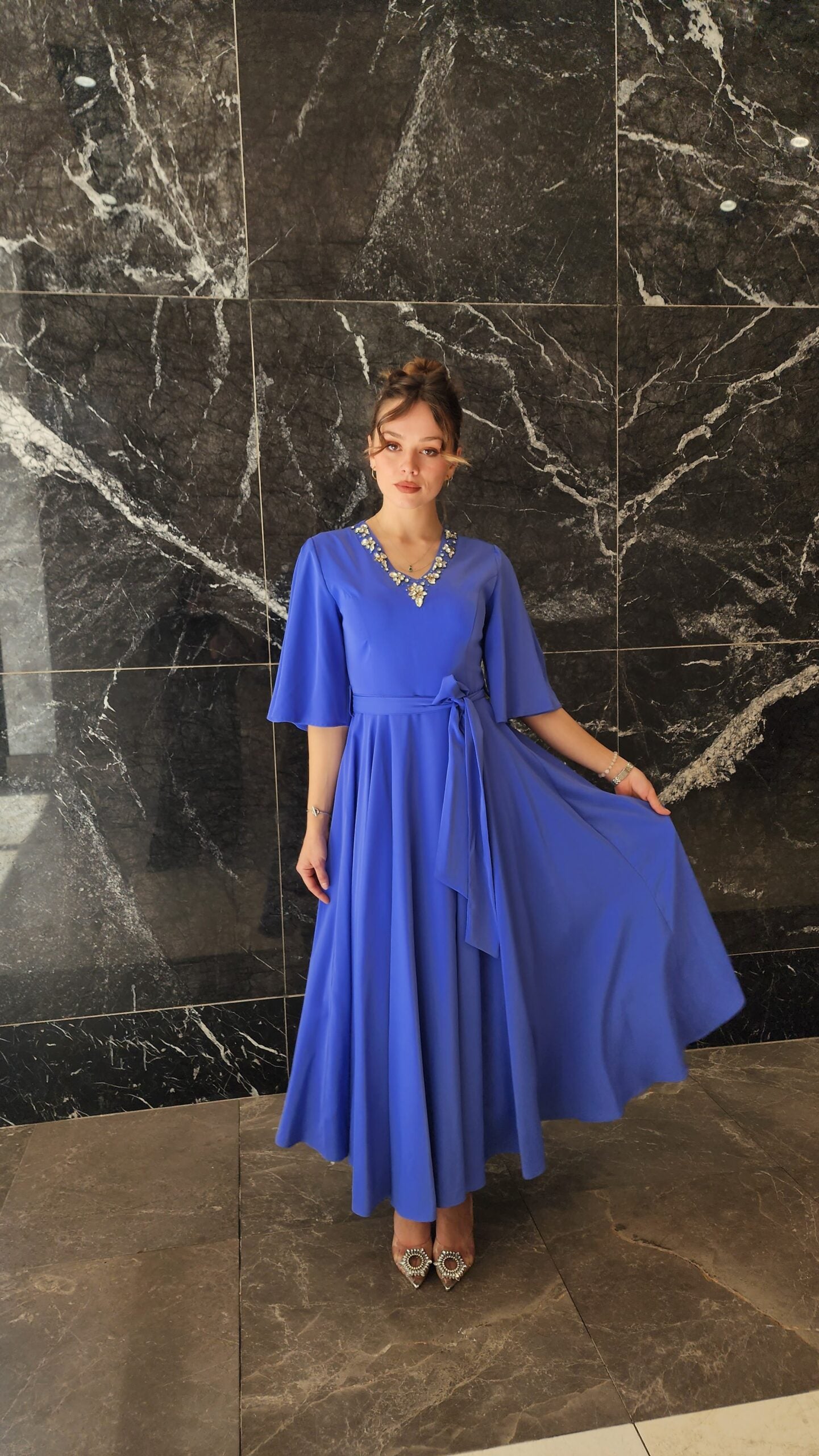 Exclusive Powder Blue Dress with Jeweled Neckline.