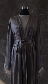 Luxury Silk Satin Abaya with Feathers and Jeweled Sleeves (Abaya Only)