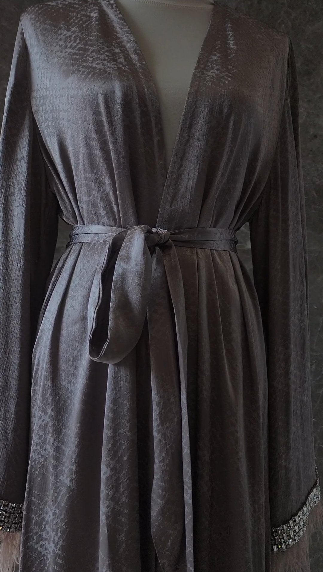 Luxury Silk Satin Abaya with Feathers and Jeweled Sleeves (Abaya Only)