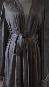 Luxury Silk Satin Abaya with Feathers and Jeweled Sleeves (Abaya Only)