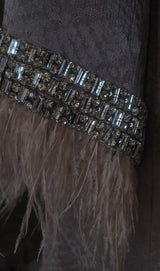 Luxury Silk Satin Abaya with Feathers and Jeweled Sleeves (Abaya Only)