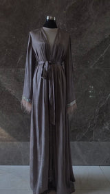 Luxury Silk Satin Abaya with Feathers and Jeweled Sleeves (Abaya Only)