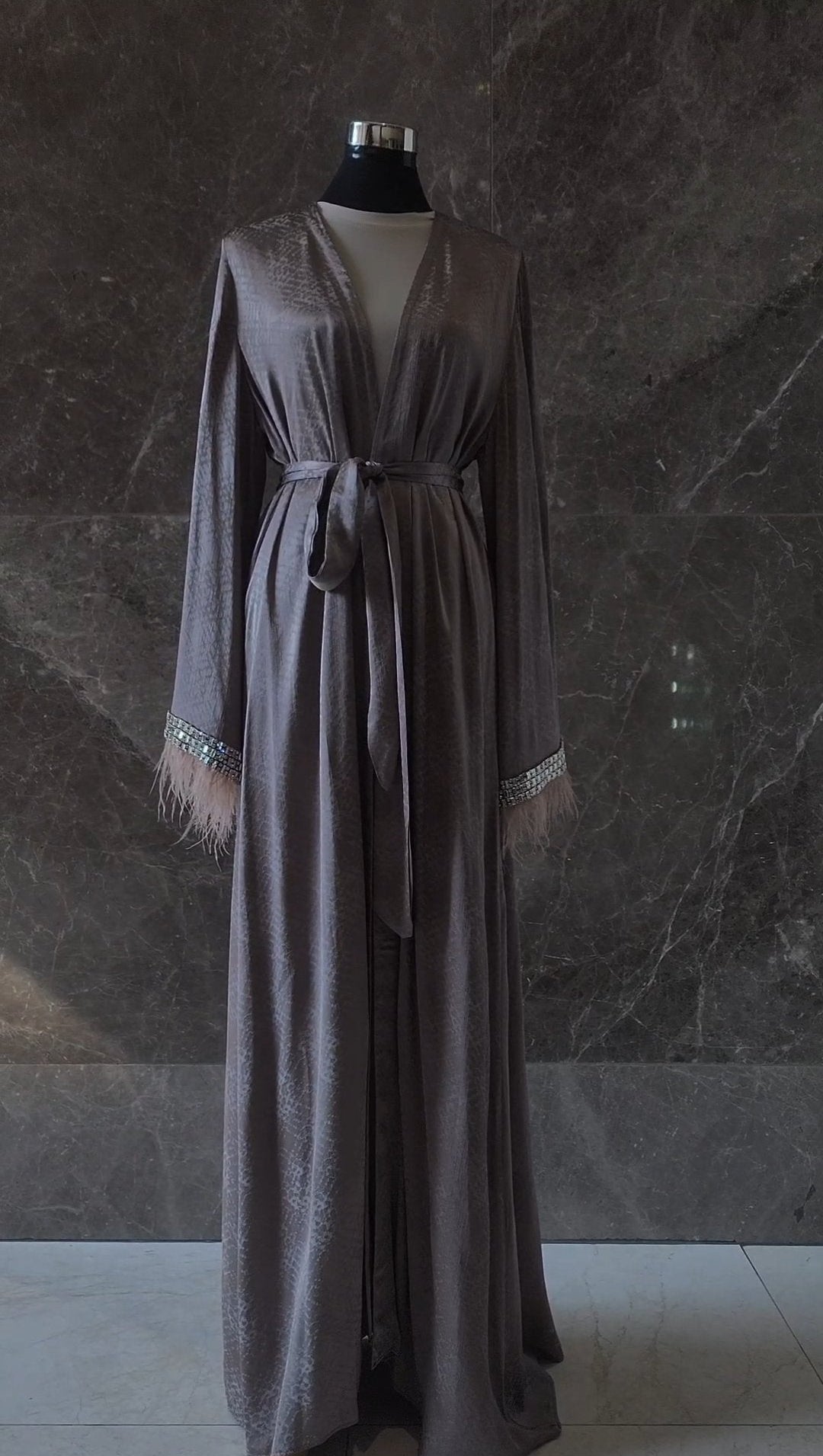 Luxury Silk Satin Abaya with Feathers and Jeweled Sleeves (Abaya Only)