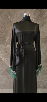 Exclusive Silk Satin Abaya  Green-black Shade with Feathered Sleeves and Rhinstones