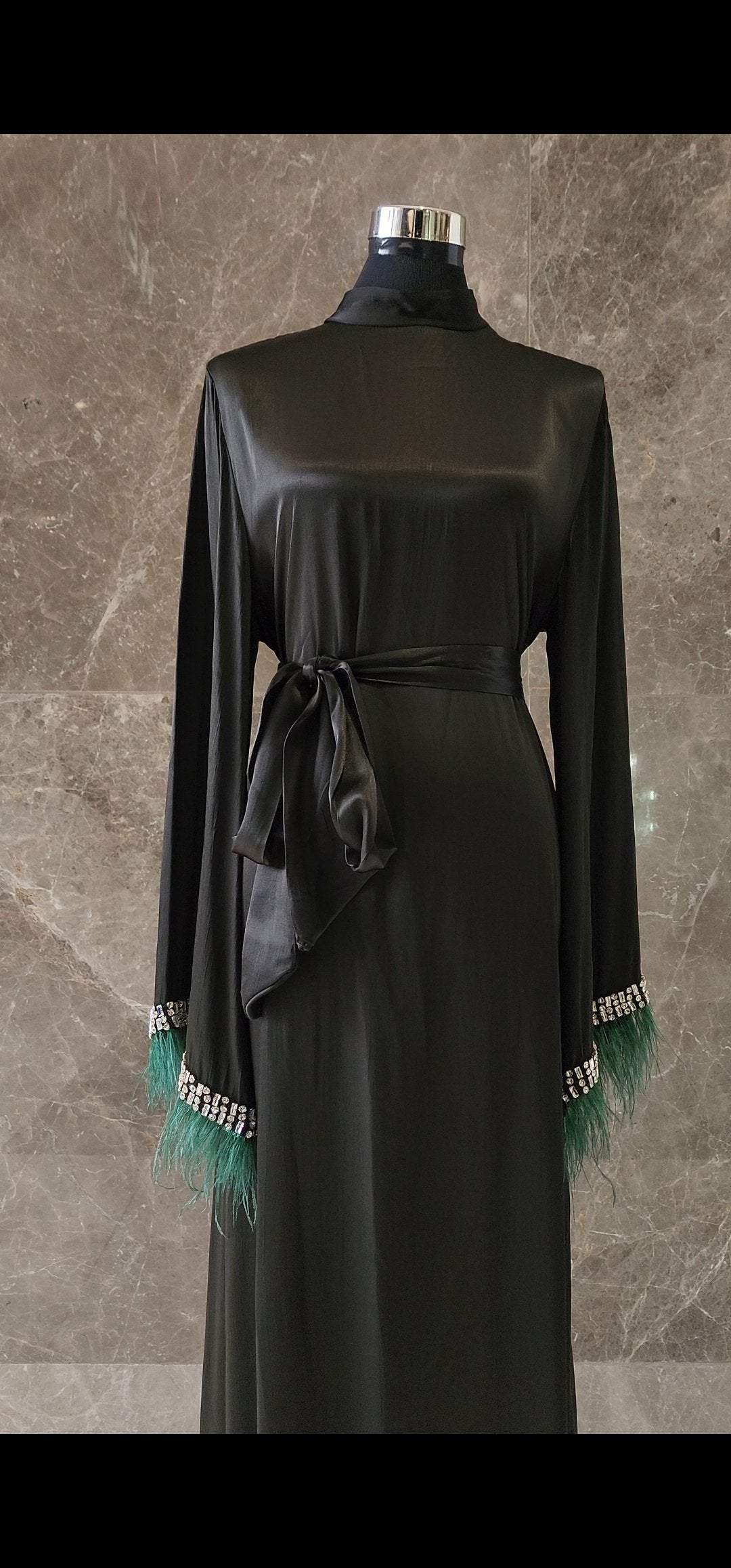 Exclusive Silk Satin Abaya  Green-black Shade with Feathered Sleeves and Rhinstones