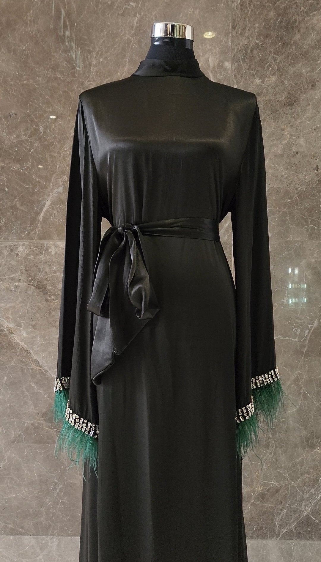 Exclusive Silk Satin Abaya  Green-black Shade with Feathered Sleeves and Rhinstones