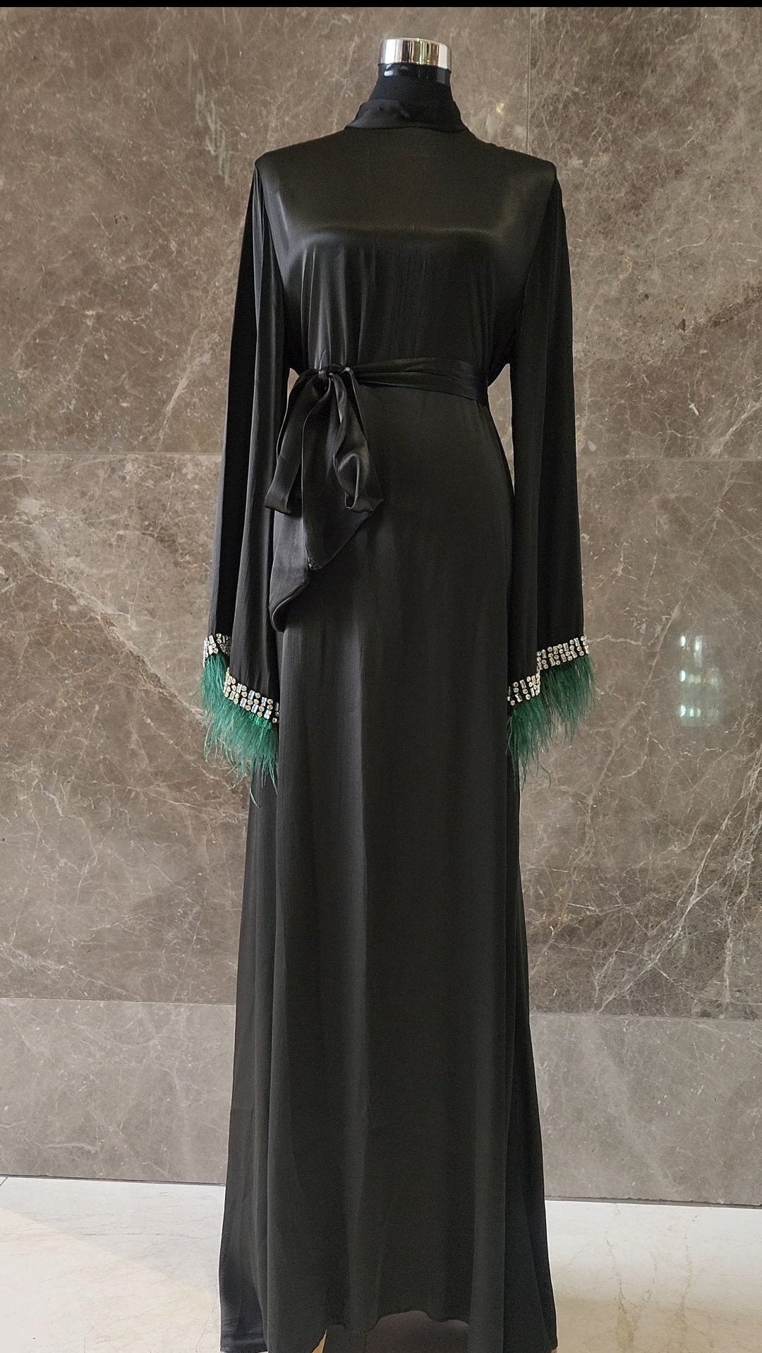 Exclusive Silk Satin Abaya  Green-black Shade with Feathered Sleeves and Rhinstones