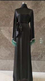 Exclusive Silk Satin Abaya  Green-black Shade with Feathered Sleeves and Rhinstones
