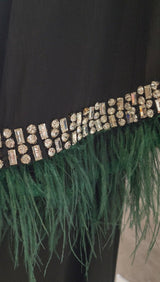 Exclusive Silk Satin Abaya  Green-black Shade with Feathered Sleeves and Rhinstones