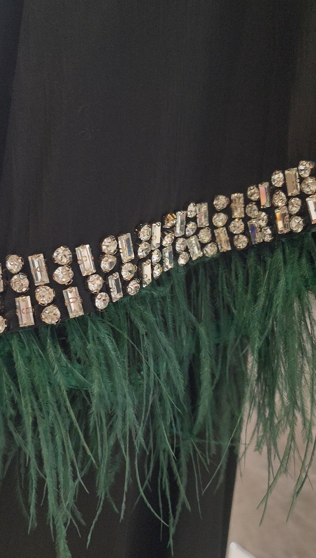 Exclusive Silk Satin Abaya  Green-black Shade with Feathered Sleeves and Rhinstones