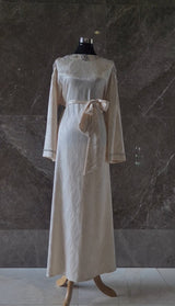 Exclusive Cream Silk satin dress with Beading on neckline and sleeve.