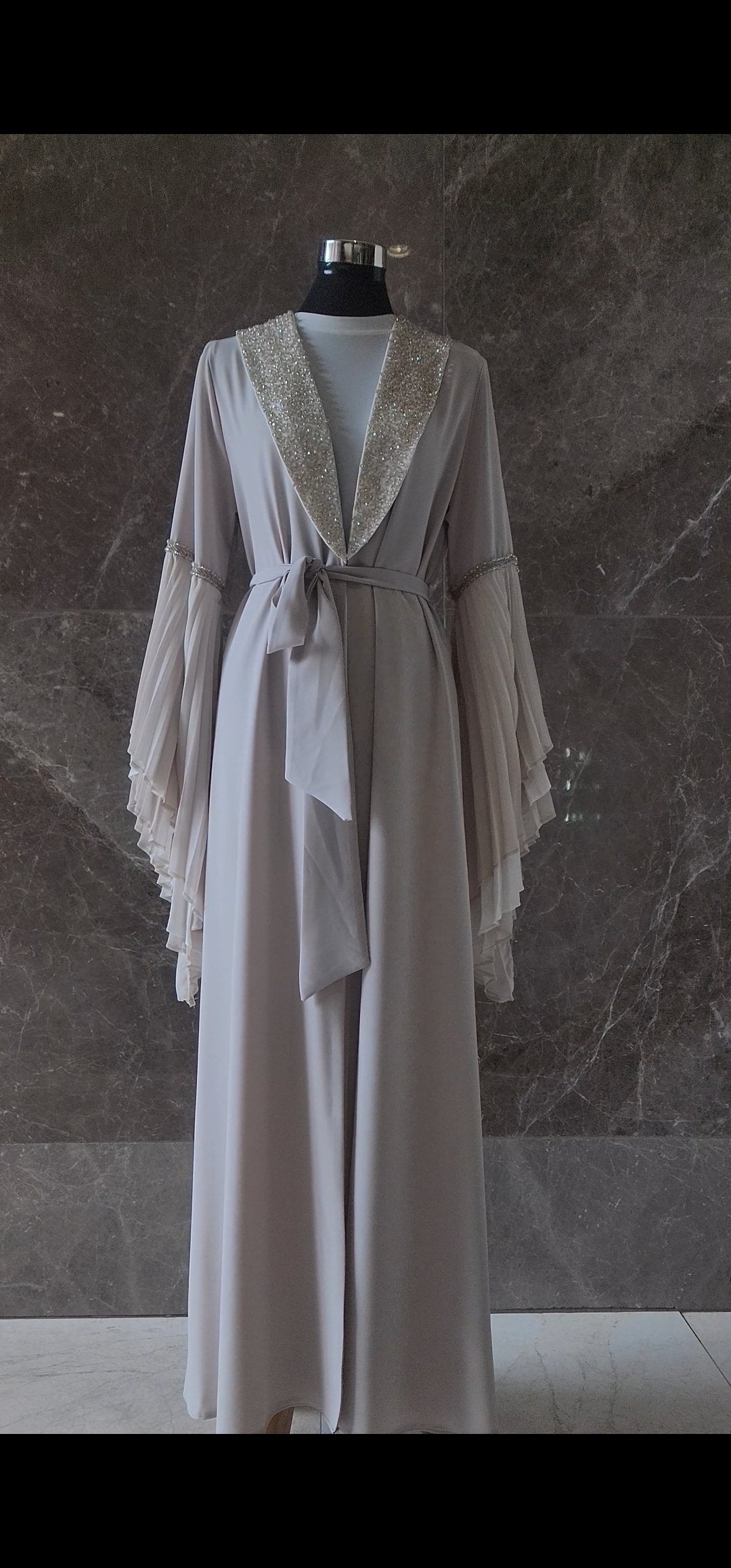Exclusive Beaded Abaya with Pleated Sleeve Design and beadwork