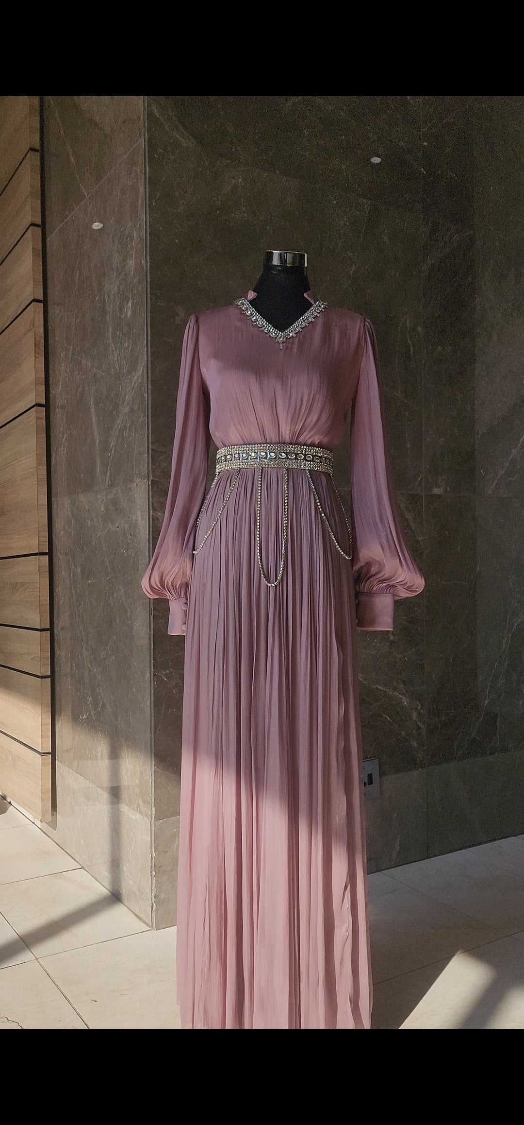 Exclusive Rose Pink Metallic Silk Chiffon with Rhinestone Detail