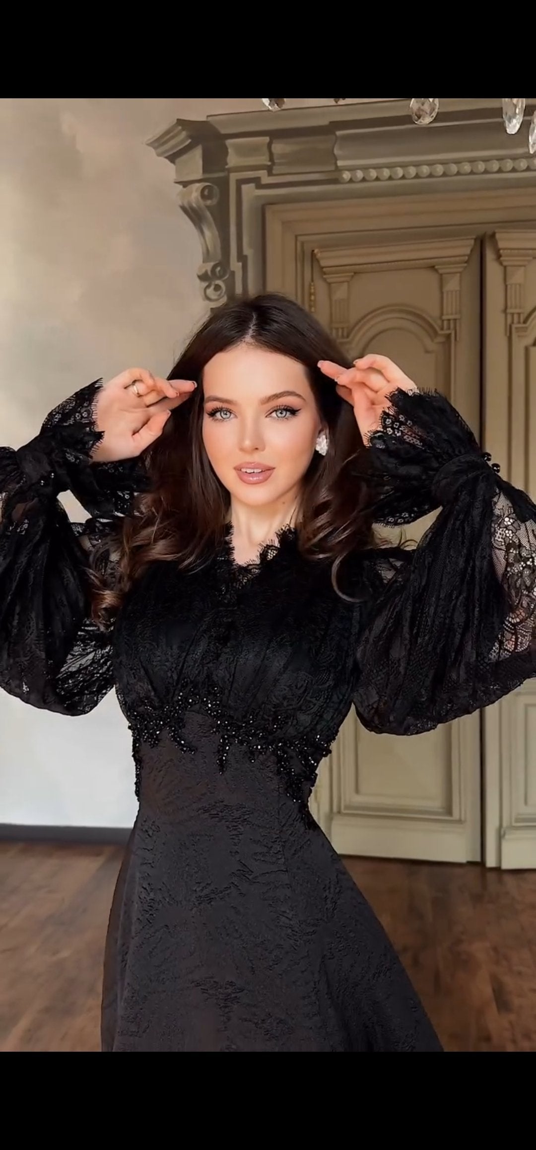 Black Brocade Couture Dress with luxury French Lace and Hand-Beadwork