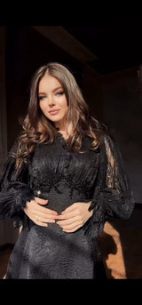 Black Brocade Couture Dress with luxury French Lace and Hand-Beadwork