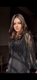 Black Brocade Couture Dress with luxury French Lace and Hand-Beadwork