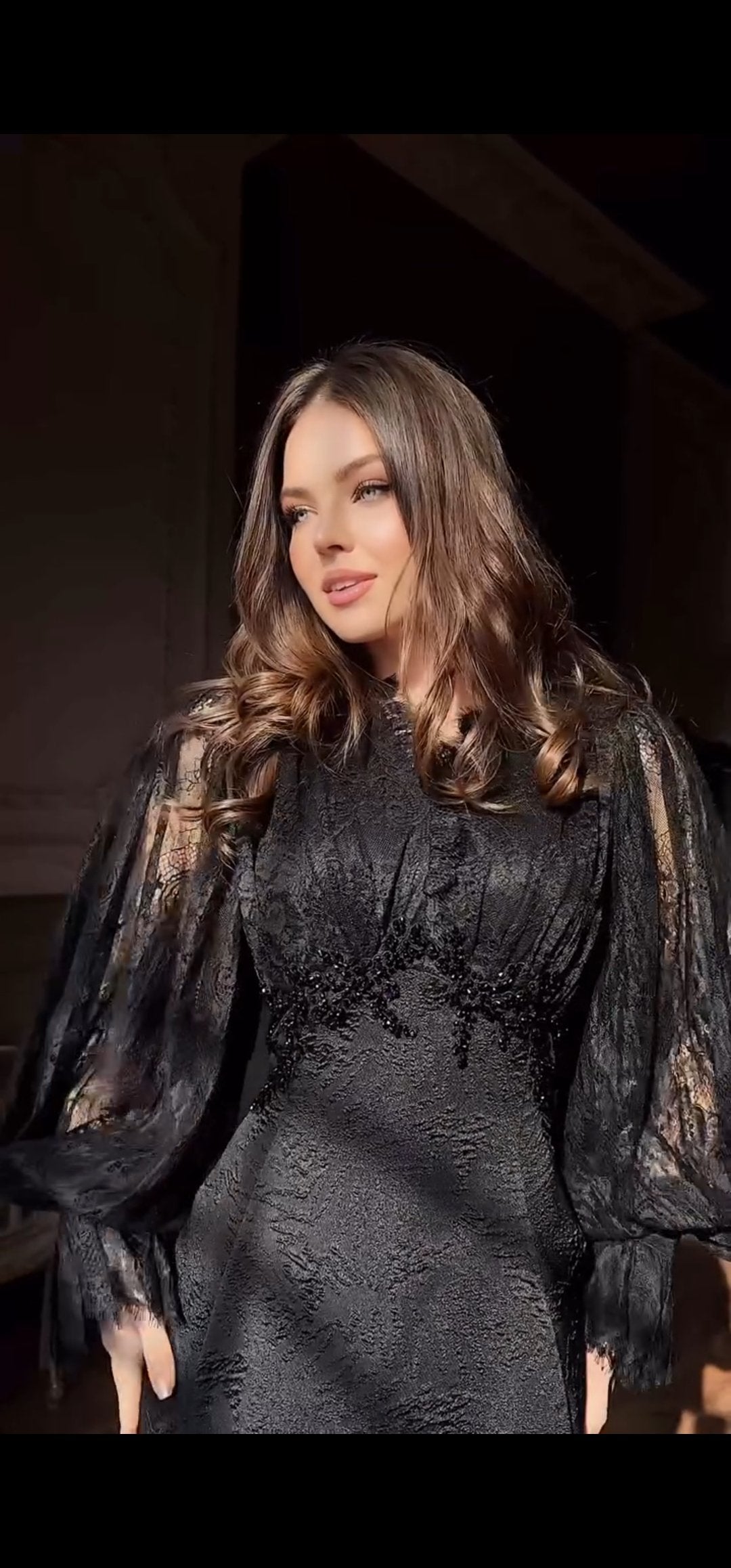 Black Brocade Couture Dress with luxury French Lace and Hand-Beadwork