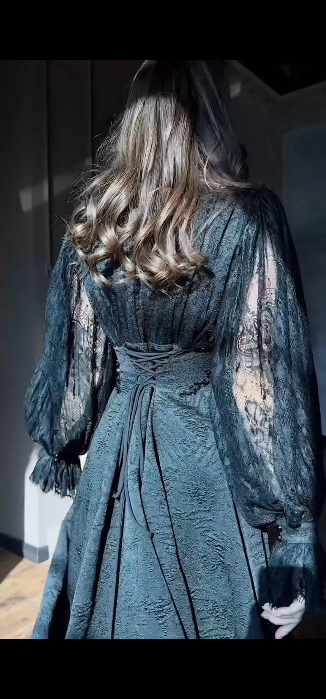 Black Brocade Couture Dress with luxury French Lace and Hand-Beadwork