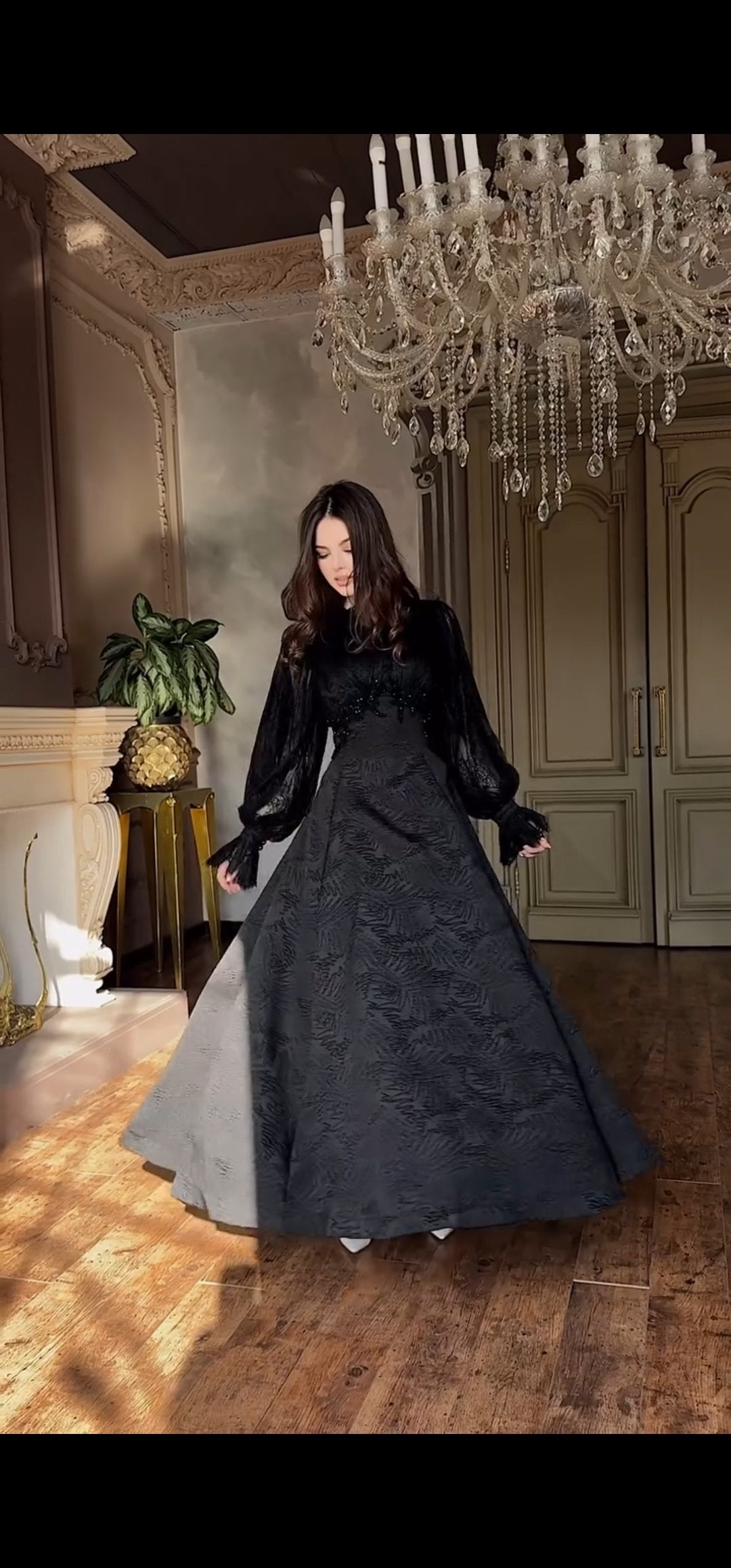 Black Brocade Couture Dress with luxury French Lace and Hand-Beadwork