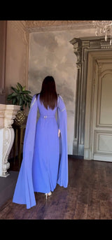 Exclusive Periwinkle Cape Sleeve Design Dress with jeweled belt and jeweled shoulder detail.