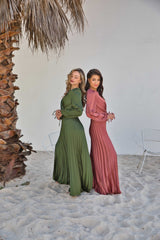 V-Neck Design Satin Pleated Dress