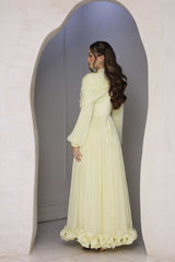Butter yellow chiffon pleated dress with rhinestone detailing.