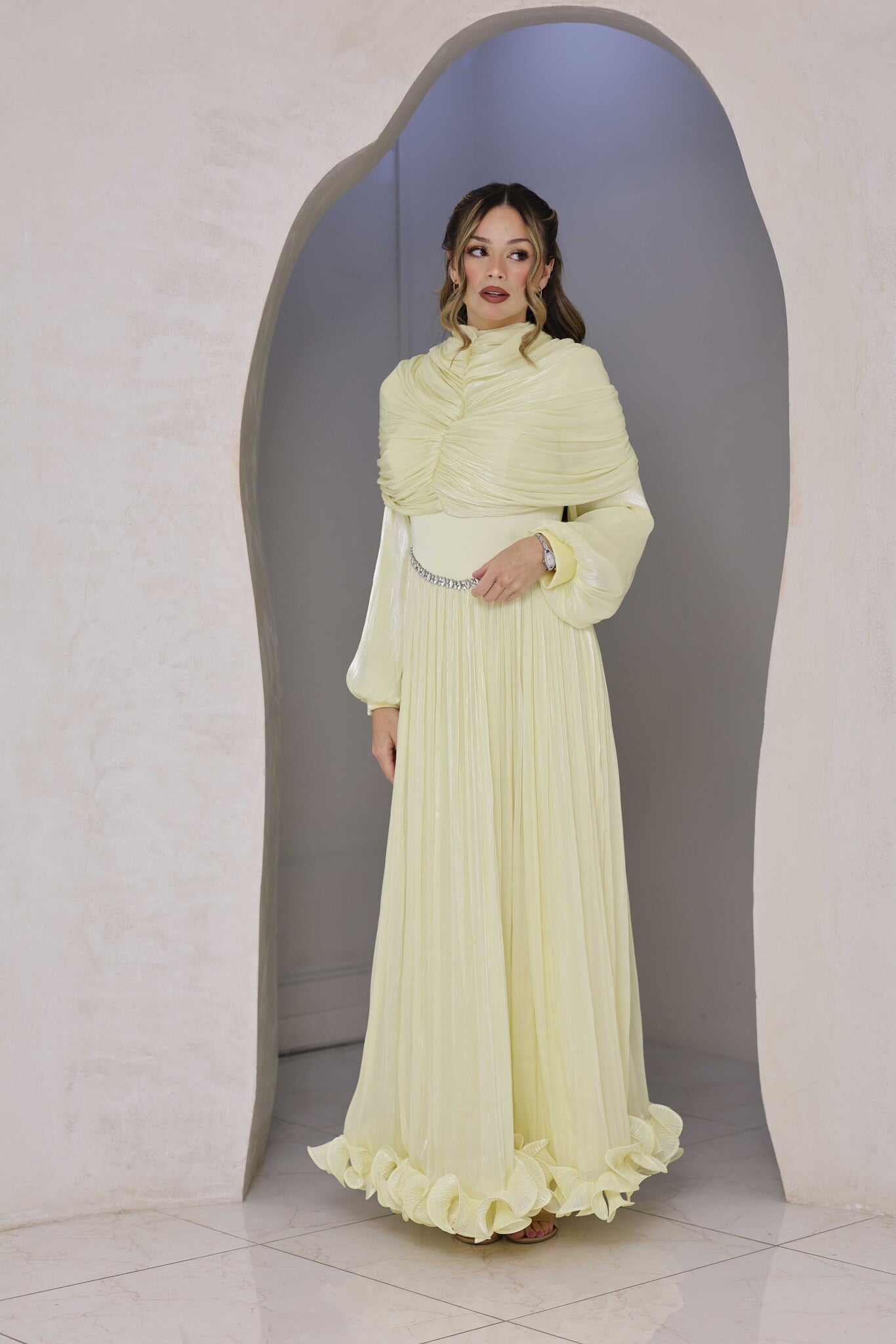 Butter yellow chiffon pleated dress with rhinestone detailing.